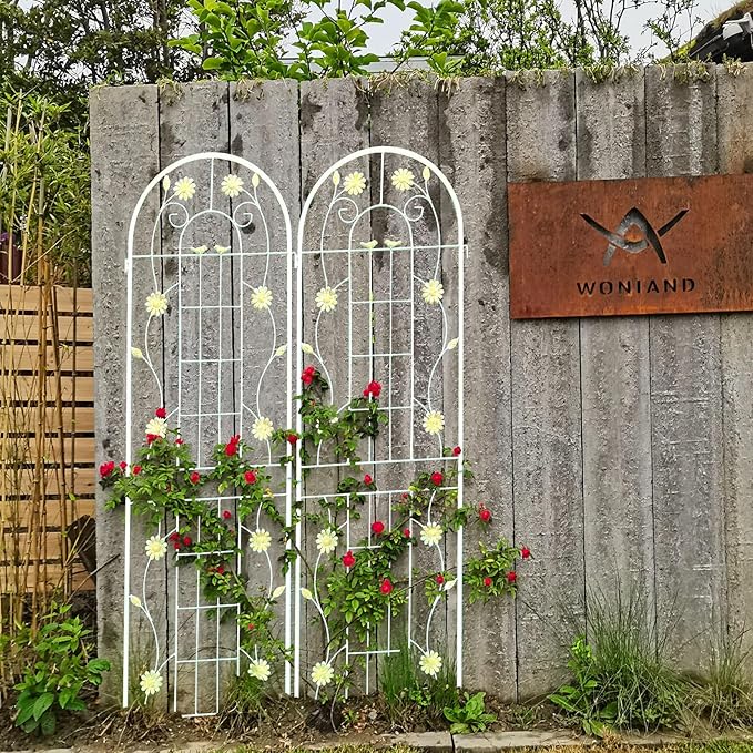 4 Pack Metal Garden Trellis 86.7" H Garden Fence Rustproof Trellis Cream White for Climbing Plants Support Roses Flower Cucumber Outdoor Lawn, White