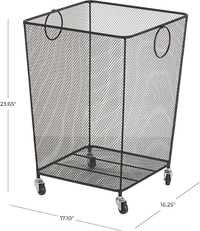 Deco 79 Metal Storage Basket Square Mesh Wire Rolling Laundry with Ring Handles, 17" x 16" x 24", Black