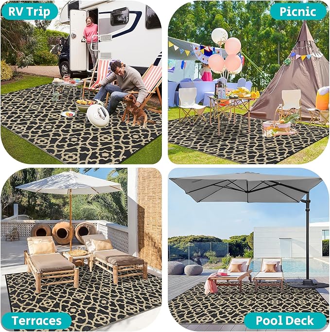 HEBE Outdoor Rug Waterproof 9x12, Reversible Plastic Straw Rug RV Camping Rug, Indoor Outdoor Patio Mat Clearance, Outside Carpet for Porch,Deck,Camper,Balcony,Backyard,Picnic