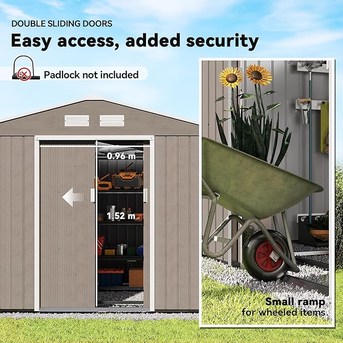 Outsunny 9' x 6' Outdoor Storage Shed, Garden Tool Metal Shed with Foundation Kit, Double Lockable Door, Air Vents and Sloping Roof, for Backyard, Patio, Lawn, Light Brown