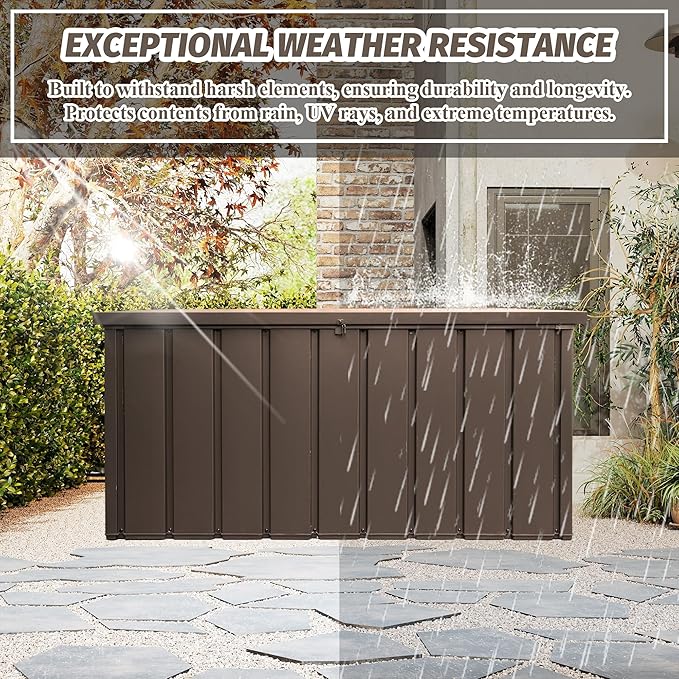 Domi Deck Box 190 Gallon, Waterproof Lockable Steel Outdoor Storage Container for Outside Cushions, Garden Tools and Pools Equipment, Brown