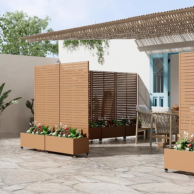 Casaphoria Metal Raised Garden Bed with Trellis and Wheels, 72"x35"x16" Planter Box for Climbing Plants, Vegetables & Vines, Features Drainage Holes and Privacy Screen (Brown-Louvered)