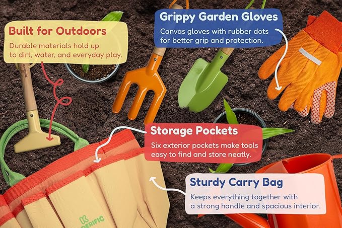 Gardening Set, Tool Kit, for Kids, STEM, Includes Tote Bag, Spade, Watering Can, Rake, Fork, Trowel and Gloves (Sunshine)