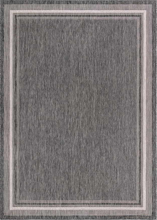 Unique Loom Outdoor Border Collection Area Rug - Soft Border (10' x 14' 1" Rectangle, Black/ Ivory)