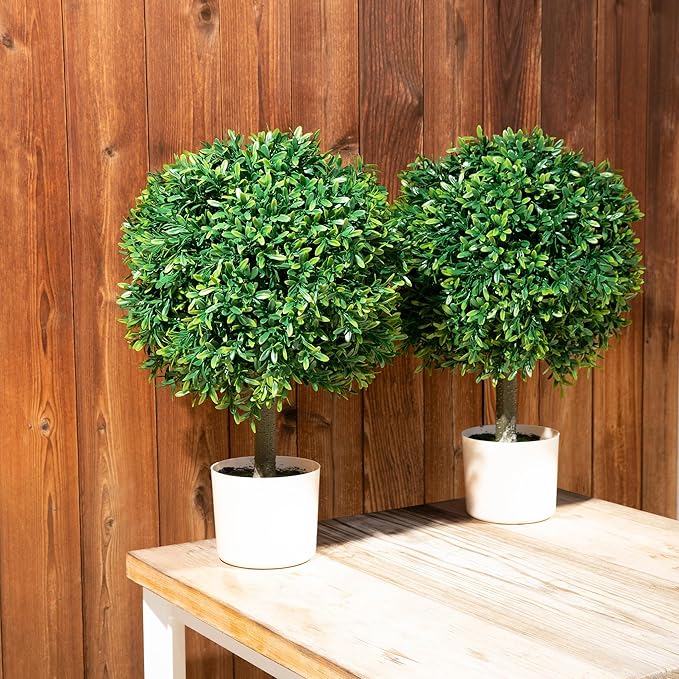 Premium 16" Diameter Artificial Japanese Boxwood Topiary – Set of 2 Faux Plants in Beige Decorative Planters – Realistic, UV-Resistant, Weatherproof Outdoor & Indoor Décor