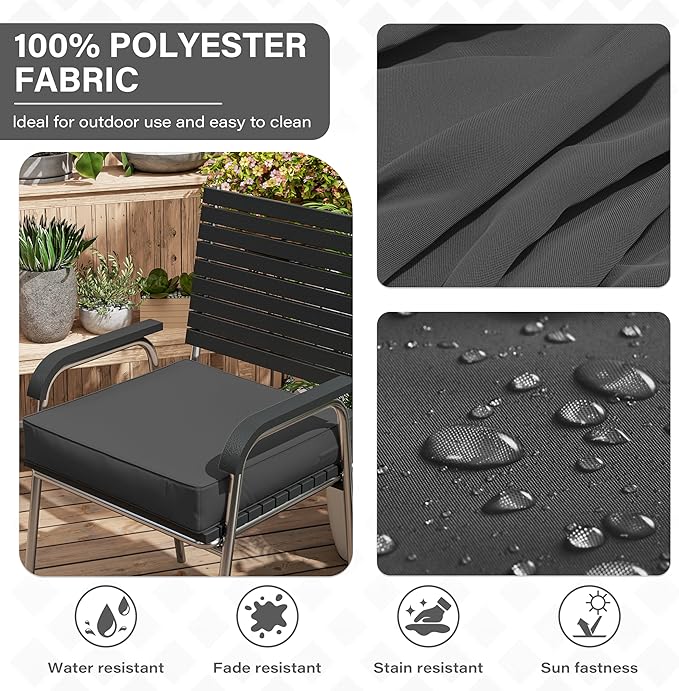 Patio Chair Cushions 19 X 19 X 4 Inch Waterproof Outdoor Seat Cushions for Patio Furniture, Outdoor Sofa Couch Pads with Ties & Handle, Set of 2, Grey