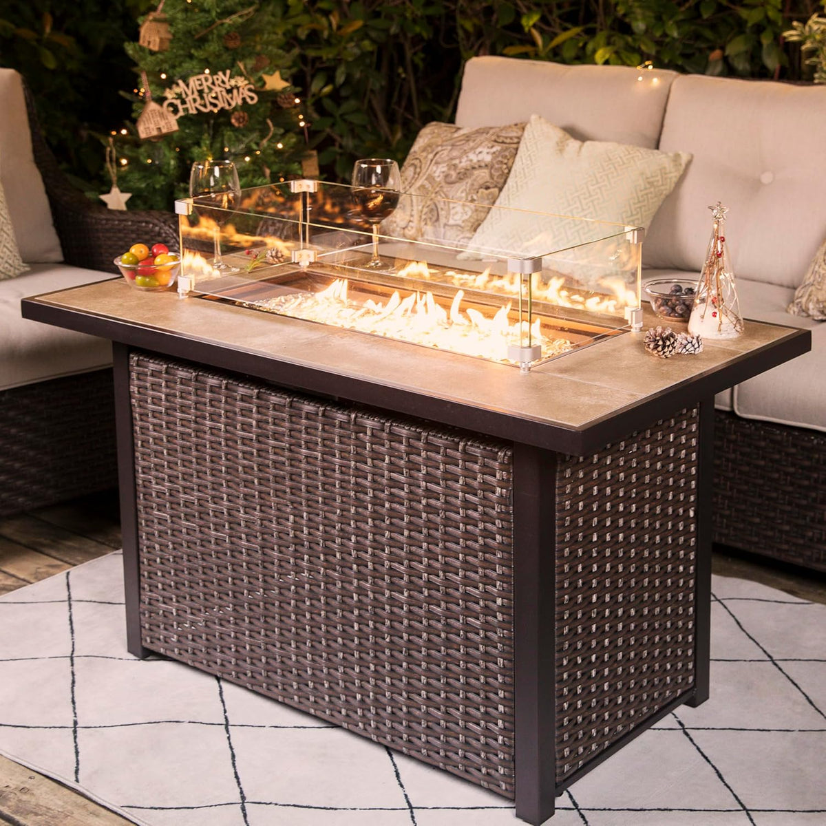 Nuu Garden Outdoor 43" 50,000 BTU Propane Gas Fire Pit Table, Ceramic Tabletop and Rattan Weaved Iron Frame, Water-Proof Oxford Cover, Glass Wind Guard, Glass Beads, Lid Included, Dark Brown & Coffee