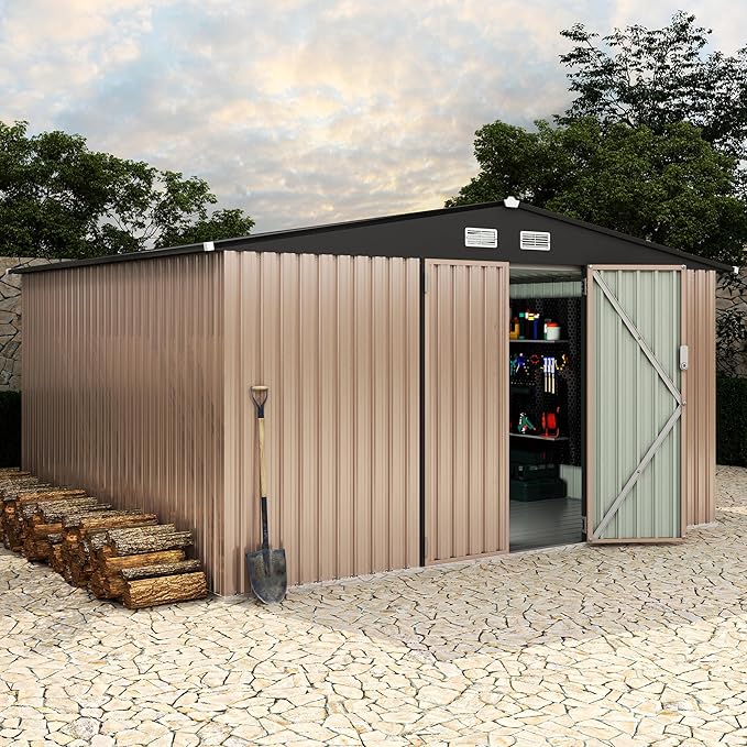 10x12 FT Metal Storage Sheds Outdoor with Floor, Metal Yard Sheds Garden Shed Kit, MetalTool Shed with Lockable Door, Metals UtilitySheds Buildings with Air Vent for Backyard Garden Patio Lawn