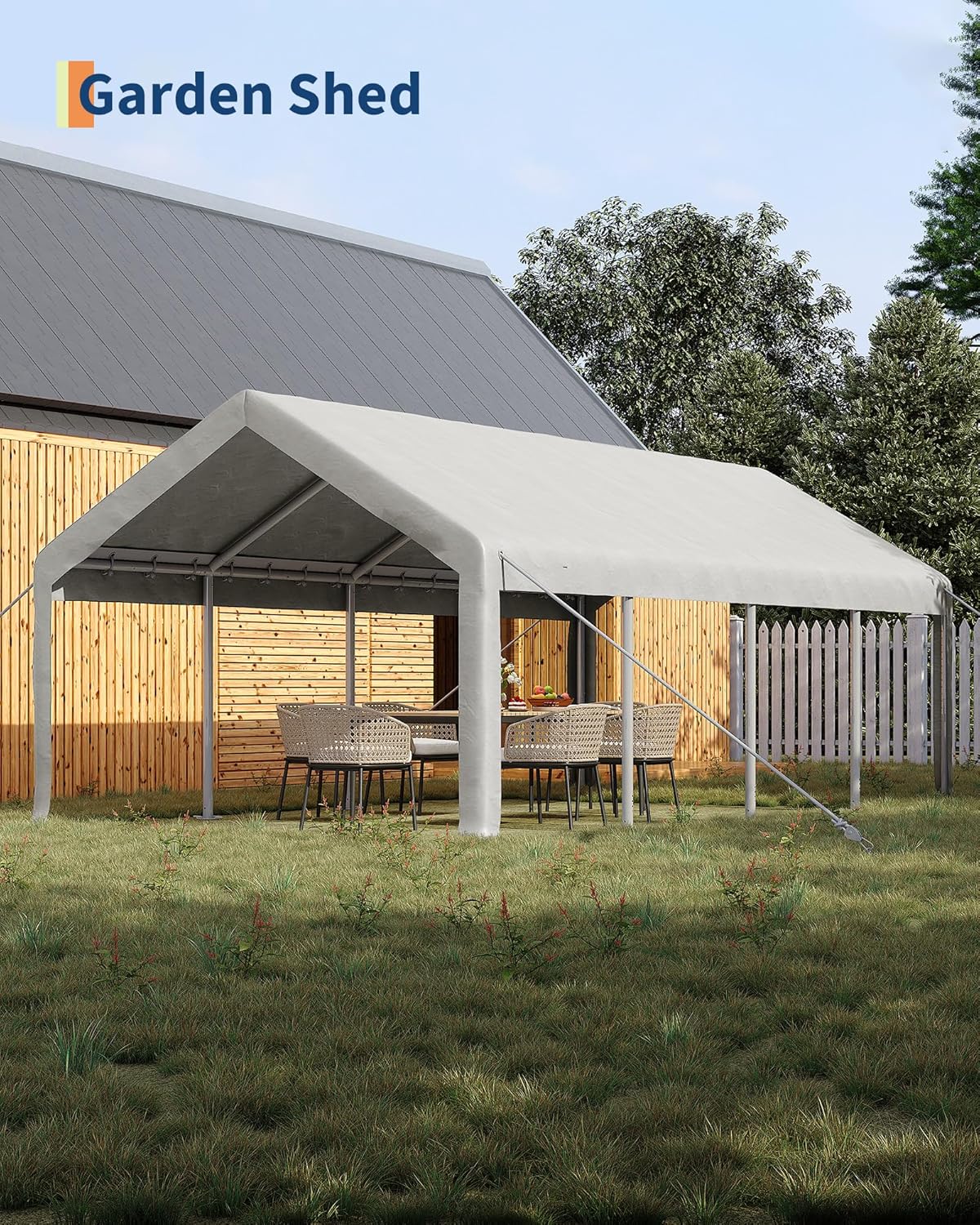 13x25 Ft Carport with 10 Sandbags, Car Port with 220g PE Tarp, 2 Roll-Up Doors, and 4 Windows, for Full-Size Pickups, Bass Boats, Tractors, and SUVs, White