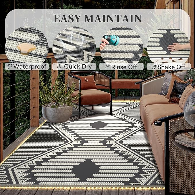 MontVoo Outdoor Rug with Led String Strip Lights 6x9 ft Waterproof Outdoor Patio Rug Mat Reversible Plastic Straw Rug Outside Outdoor Rug for RV Camping Picnic Balcony Fairy Boho Outdoor Decor