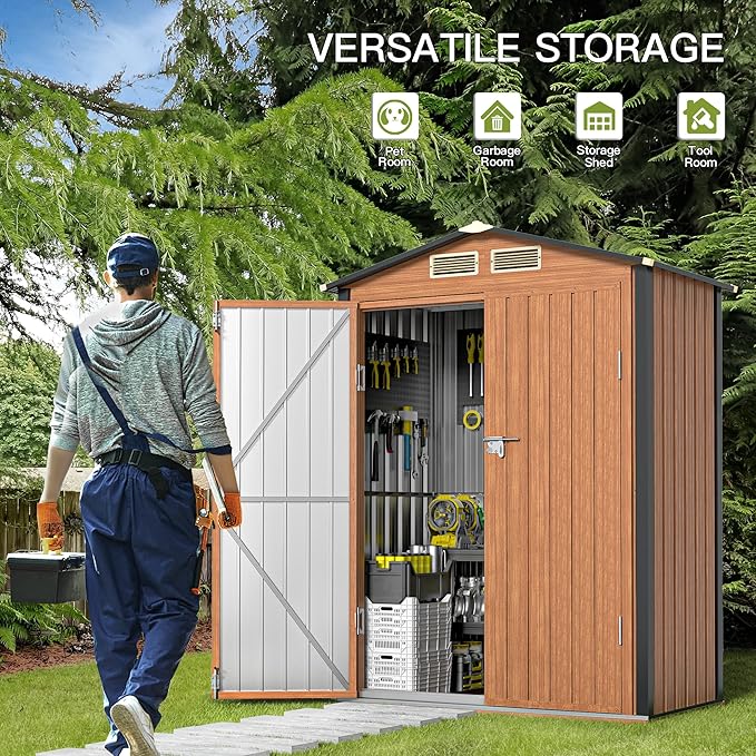 Outdoor Storage Shed, 5x3 Ft Metal Steel Tiny House with Lockable Door, Vertical Outside Storage Building for Garden, Backyard, Lawn, Patio Utility, Tool Storage