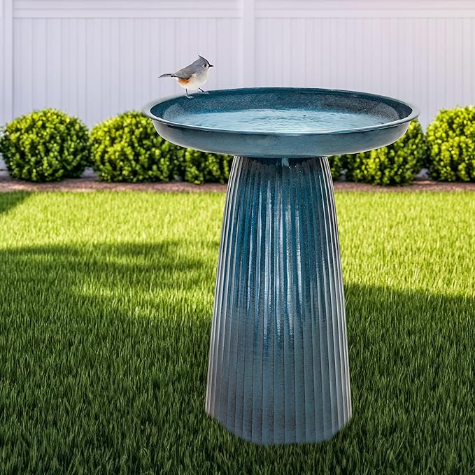 Sunnydaze Gleeful Garden Metal Bird Bath for Outdoors - Large Decorative Iron Birdbath - 23-Inch - Blue Glaze