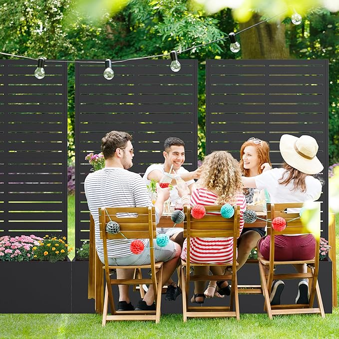 Casaphoria Metal Raised Garden Bed with Trellis, 59"x30"x12" Planter Box for Climbing Plants, Vegetables & Vines, Features Drainage Holes and Privacy Screen (Black-Louvered)