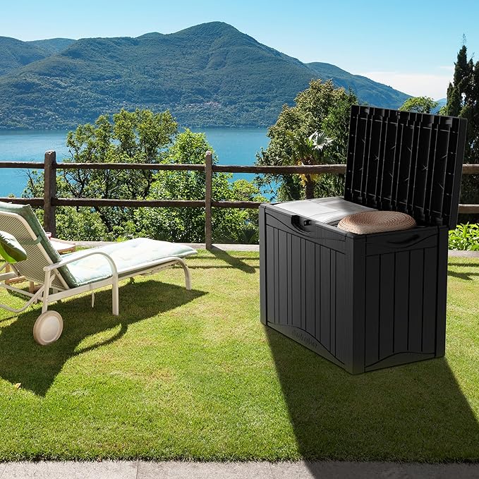 45 Gallon Waterproof Deck Storage Box - All-Weather Outside Storage Box with Lock, Outdoor Box Storage for Patio/Pool Accessories, UV-Resistant Resin, Matte Black