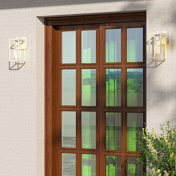 Pia Ricco Outdoor Wall Lights, Outdoor Wall Lantern with Circular Clear Glass Shade, Waterproof Exterior Lighting Fixtures, Modern Front Porch Lighting for House, Garage, E26 Base, ETL Listed, White