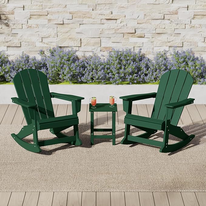 WO Home Furniture Adirondack Chair Table Set of 2 PCS Outdoor Folding Chair w Side Table Weather/UV Resistant for Lawn, Garden, Bon Fire, Balcony (Dark Green)
