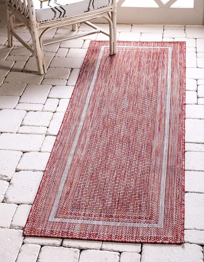 Unique Loom Outdoor Border Collection Area Rug - Soft Border (2' 7" x 10' Runner, Rust Red/ Ivory)