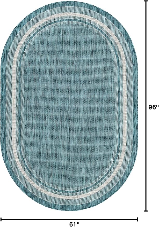Unique Loom Outdoor Border Collection Area Rug - Soft Border (5' 1" x 8' Oval, Teal/ Ivory)