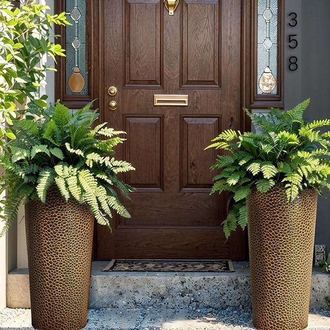 KOL 28" H. Tall Metal Cone Planters with Inner Pots 2-Pack, Bronze Hand-Hammered Large Decor Planter for Deck, Patio, Porch - Handcrafted Flower Pot - with Water Level Indicator - Indoor Outdoor Use