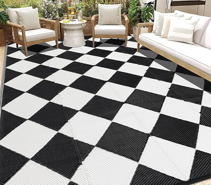 HEBE Outdoor Rug Waterproof 9x12, Reversible Plastic Straw Rug RV Camping Rug, Indoor Outdoor Patio Mat Clearance, Outside Carpet for Porch,Deck,Camper,Balcony,Backyard,Picnic