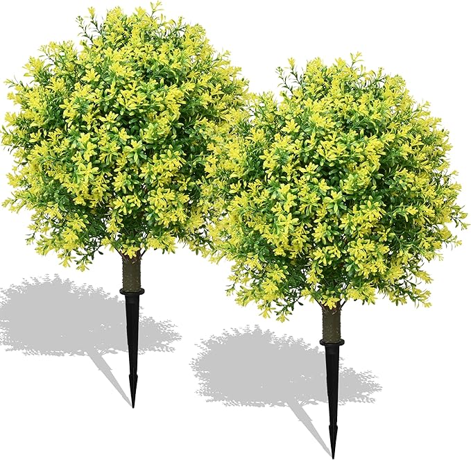 28" Artificial Boxwood Topiary Tree Yellow– UV Resistant Outdoor Faux Topiary Plant, Realistic Fake Topiary Bush for Porch, Patio, Front Door, Fake Evergreen Tree Home Decor