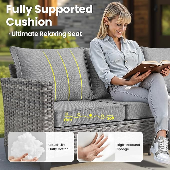 ovios 8 Pieces Patio Furniture Set with 54" Fire Pit Table, Outdoor Wicker Sofa with Comfy Cushions, All Weather High Back Rattan Couch Conversation Set, Dark Grey