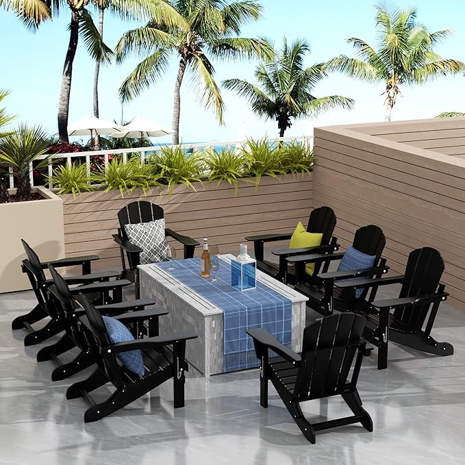 Westin Outdoors Laguna WO Outdoor Adirondack Folding Patio Chairs 8 PCS Set Retro Beach Aesthetic for Backyard, Lawn, Patio, Deck, Garden, Weather Resistant Polyethylene Plastic Lounger (Black)