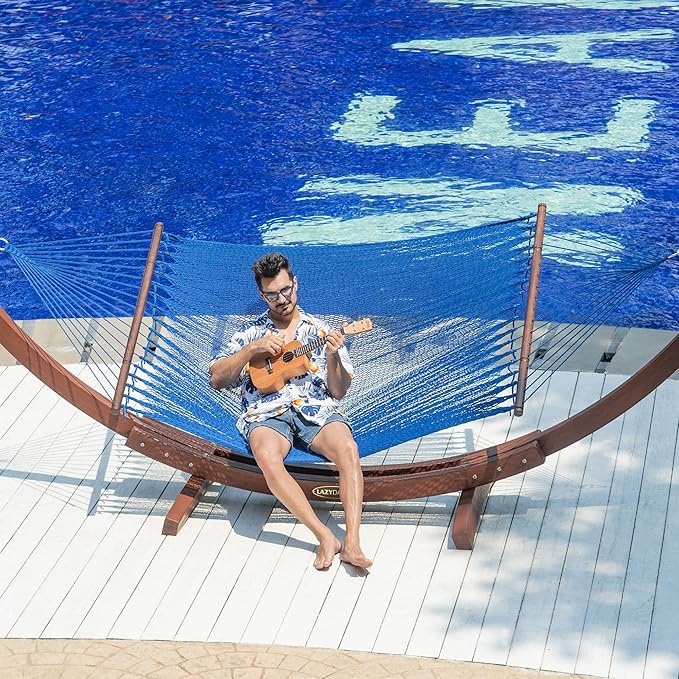 Lazy Daze Hammocks 10.5 FT Double 2 Person Caribbean Rope Hammock, Hand Woven Polyester Hammock with Spreader Bars, for Outside Outdoor Backyard Patio Poolside,450 LBS Capacity, Blue