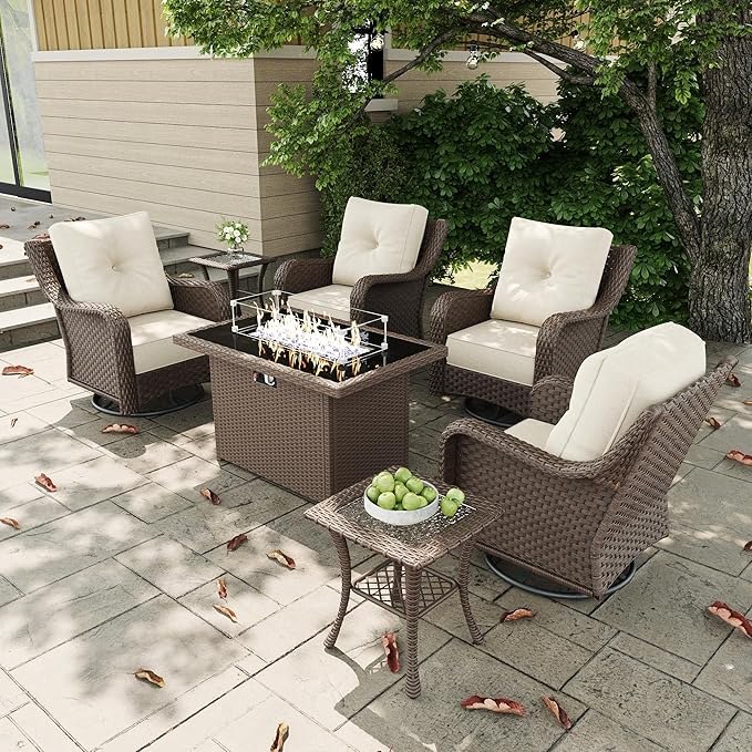 7 Pieces Outdoor Patio Furniture Sets with Rocking Swivel Chairs with 6-inch Thick Cushion and Fire Pit Table for Deck Lawn