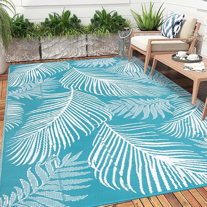 Pauwer Waterproof Outdoor Rug 9x12, Reversible Plastic Straw Patio Camping Rug, Indoor Outdoor RV Mat Carpet for Deck, Camper, Porch, Balcony, Backyard, Picnic, Leaf Teal