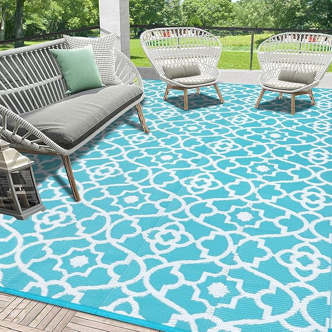 HEBE Outdoor Rug Waterproof 9x12, Plastic Straw Rug Camping Rug, Reversible Outdoor Patio Rugs RV Mat Clearance, Indoor Outside Floor Carpet for Porch,Deck,Camper,Balcony,Backyard