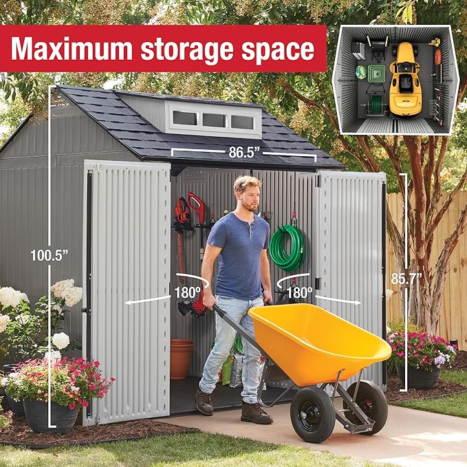 Rubbermaid Resin Outdoor Storage Shed With Floor (7 x 7 Ft) Weather Resistant Gray Organization for Home/Backyard/Garden Tools/Lawn Mower/Bike Storage/Pool Supplies
