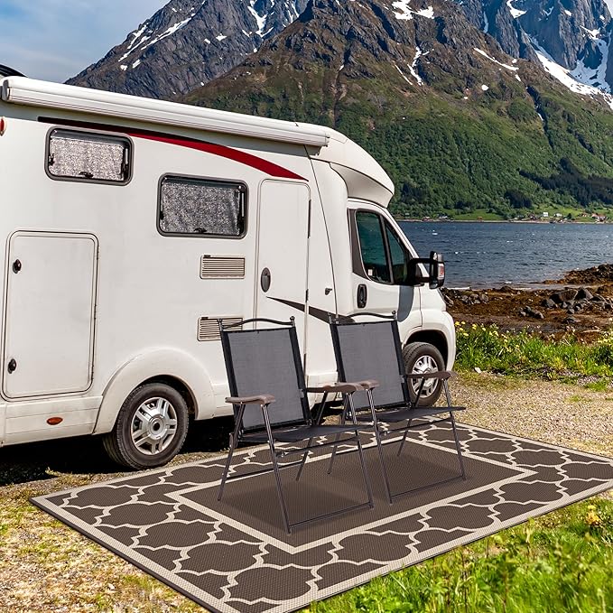GENIMO Outdoor Rug 8' x 10' Patio Waterproof, Foldable Reversible Plastic Straw Area Rugs Mat for Camper Decor, Outside Carpet for Rv, Deck, Porch, Picnic, Beach, Balcony, Coffee & Beige