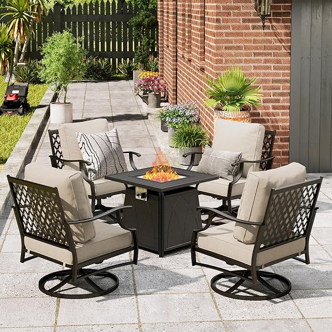 Patio Furniture Set with Fire Pit Table, 5 Pcs Metal Outdoor Conversation Set, 4 Swivel Chairs with 5.75" Extra Thick Cushion and 28" Fire Pit Table for Backyard Deck, Beige