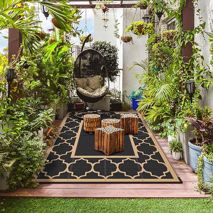 GENIMO Outdoor Rug 8' x 10' Patio Waterproof, Foldable Reversible Plastic Straw Area Rugs Mat for Camper Decor, Outside Carpet for Rv, Deck, Porch, Picnic, Beach, Balcony, Black & Brown