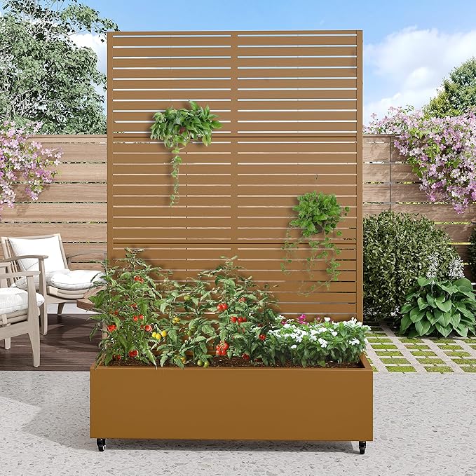 Casaphoria Metal Raised Garden Bed with Trellis and Wheels, 72"x47"x16" Planter Box for Climbing Plants, Vegetables & Vines, Features Drainage Holes and Privacy Screen (Brown-Louvered)