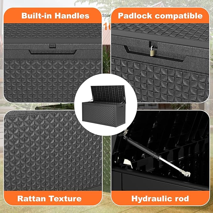 100 Gallon Waterproof Outdoor Storage Box,Resin Deck Box,Lockable Outside Storage Box Container for Patio Furniure,Garden,Pool Tools (100 Gallon,Black pattern)