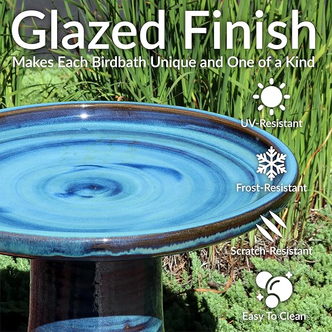 Sunnydaze 21" H Ceramic Bird Bath for Outside - Hand-Painted Outdoor Bird Bath Bowl, UV/Frost-Resistant Finish - Galaxy Blue - Ribbed Pedestal