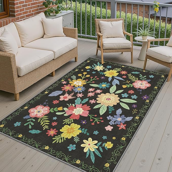 GENIMO Indoor Outdoor Area Rug 4' X 6' Waterproof, Washable Patio Rug Non Shedding, Easy Cleaning Floral Outdoor Carpet for Living Room, Bedroom, Dining Room, Balcony, Backyard, Deck, RV, Black