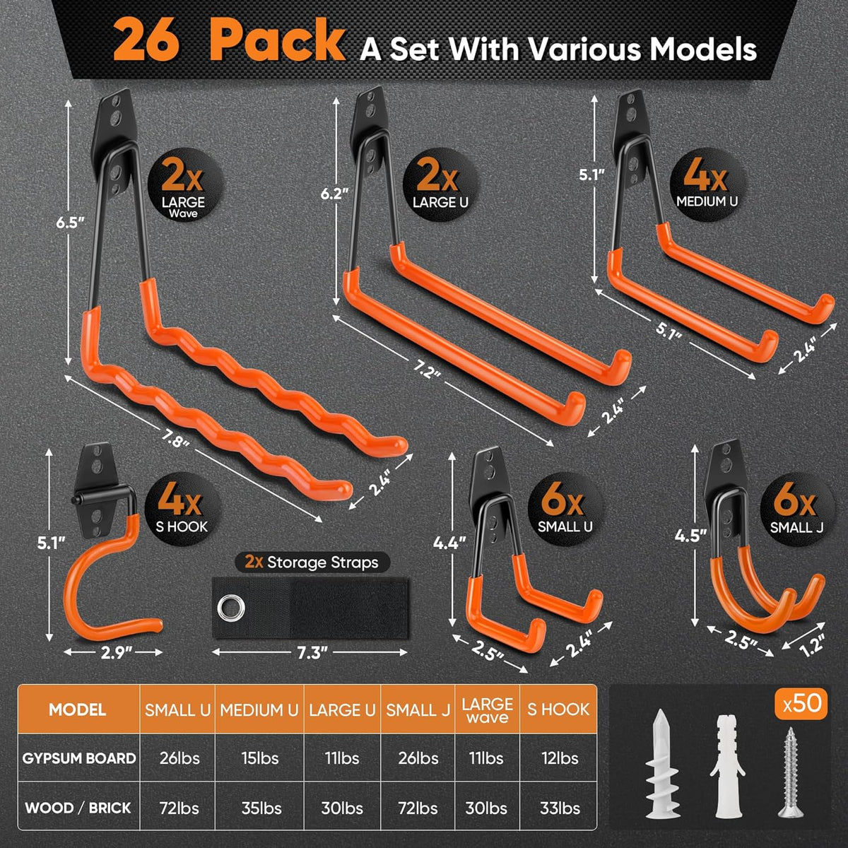 Nacial 26 Pack Garage Hooks Heavy Duty, Utility Steel Garage Storage Hooks with 2 Extension Cord Storage Straps, Utility Garage Wall Mount Hooks for Hanging Bike, Ladder and Garden Tools, Orange