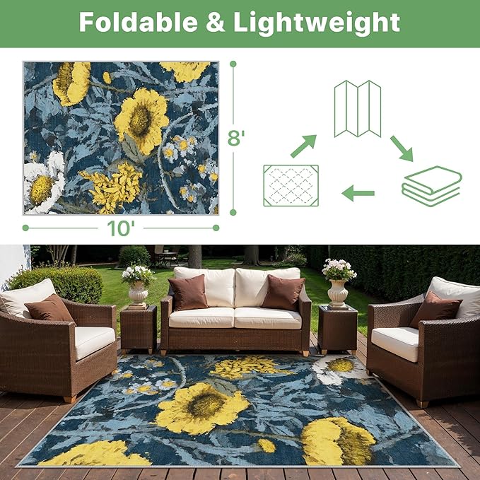 GENIMO Indoor Outdoor Area Rug 8' X 10' Waterproof, Washable Patio Rug Non Shedding, Easy Cleaning Floral Outdoor Carpet for Living Room, Bedroom, Dining Room, Balcony, Deck, RV, Backyard, Blue Yellow