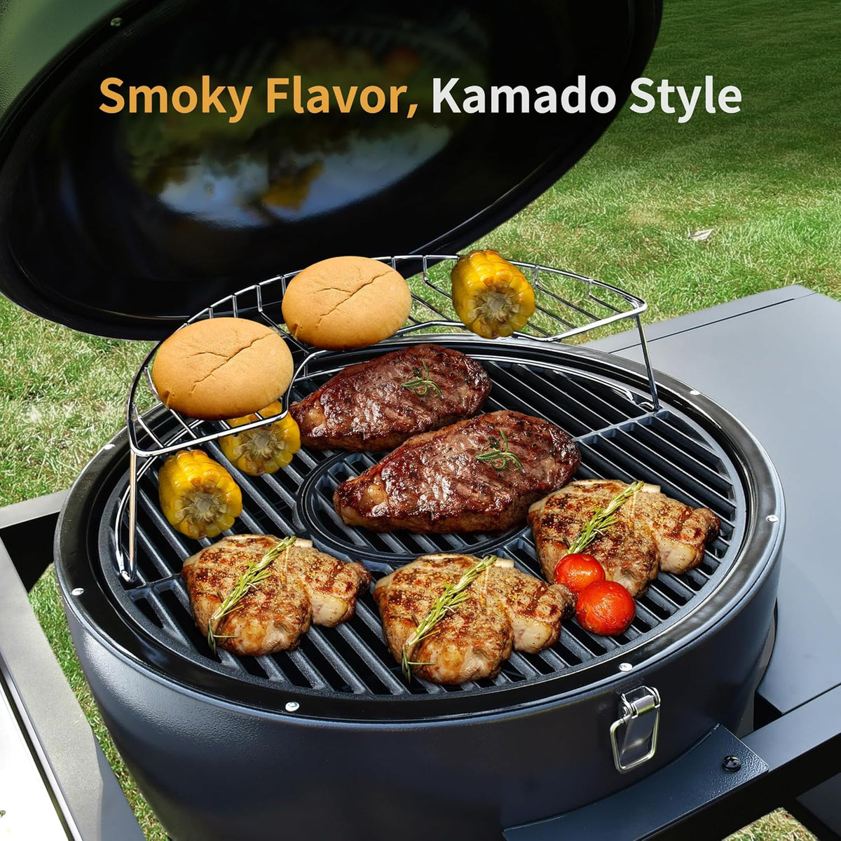 Brand-Man RODEO Steel Kamado Charcoal Grill & Smoker - 22" Cast Iron Grates, Grilling Basket, Large Prep Table Cart, Ideal for Outdoor Cooking