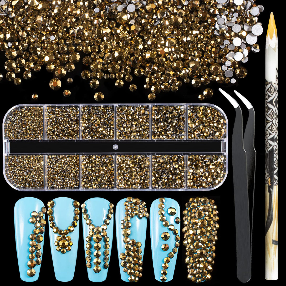 3600Pcs Mineral Gold Round Rhinestones 1.8-4Mm Flatback For Manicure, 6 Multi Sizes Nail Art Shine Crystal Gem Diamond Bling Set