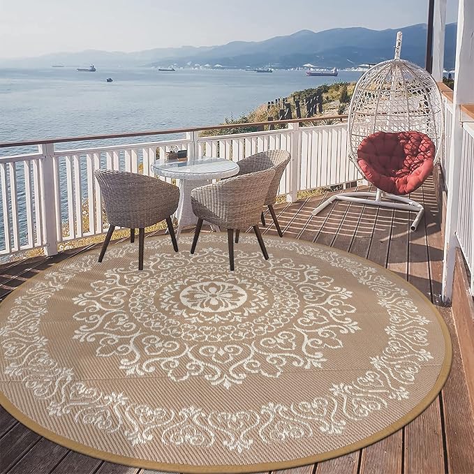 Pauwer Waterproof Outdoor Rug 6ft, Reversible Plastic Straw Patio Camping Rug, Indoor Outdoor RV Mat Carpet for Deck, Camper, Porch, Balcony, Backyard, Picnic, Floral Brown