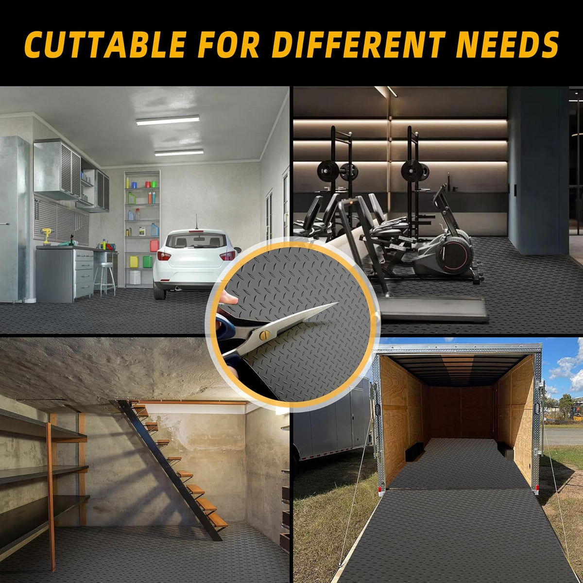 4x6 FT Garage Floor Mat, Thickned Diamond Plate Garage Flooring Roll 24sqtt PVC Rubber Trailer Mat Non-Slip Floor Protector for Garage, Home Gym, Basement, Golf Cart, Black