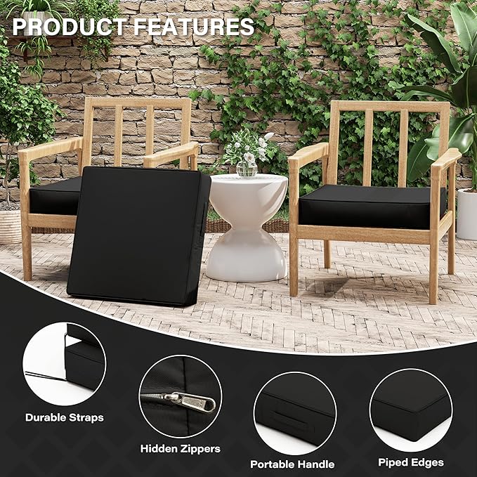 Patio Chair Cushions 22 X 22 X 4 Inch Waterproof Outdoor Seat Cushions for Patio Furniture, Outdoor Sofa Couch Pads with Ties & Handle, Set of 2, Black