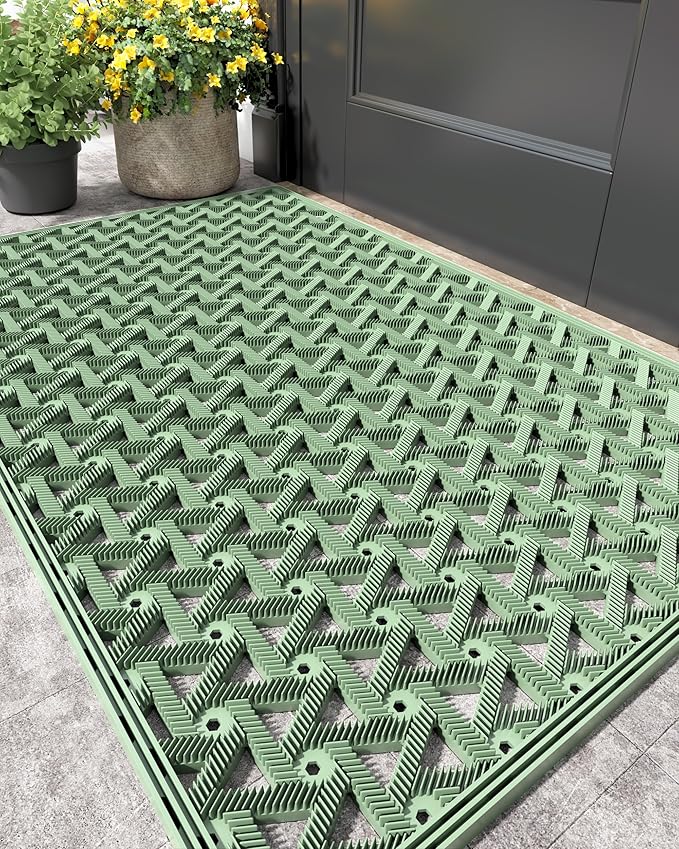 Color&Geometry Door Mat Outside Entrance with Drainage, Rubber Heavy Duty Dirt Trapper Waterproof Outdoor Welcome Mat, Outdoor Mats All Weather for Front Back Door Patio Entryway Entry, 24"X36" Green