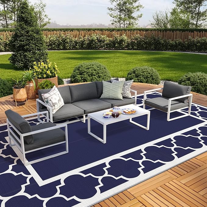 GENIMO 10 ' x 20 ' Outdoor Rug Waterproof for Patio Decor, Foldable Reversible Plastic Straw Area Rugs Mat for Camper, Outside Carpet for Rv, Deck, Porch, Picnic, Beach, Balcony, Blue & White