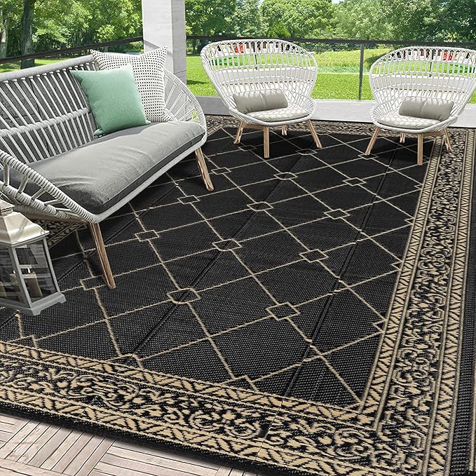 HEBE Outdoor Rug Waterproof 9x12, Reversible Plastic Straw Rug RV Camping Rug, Indoor Outdoor Patio Mat Clearance, Outside Carpet for Porch,Deck,Camper,Balcony,Backyard,Picnic