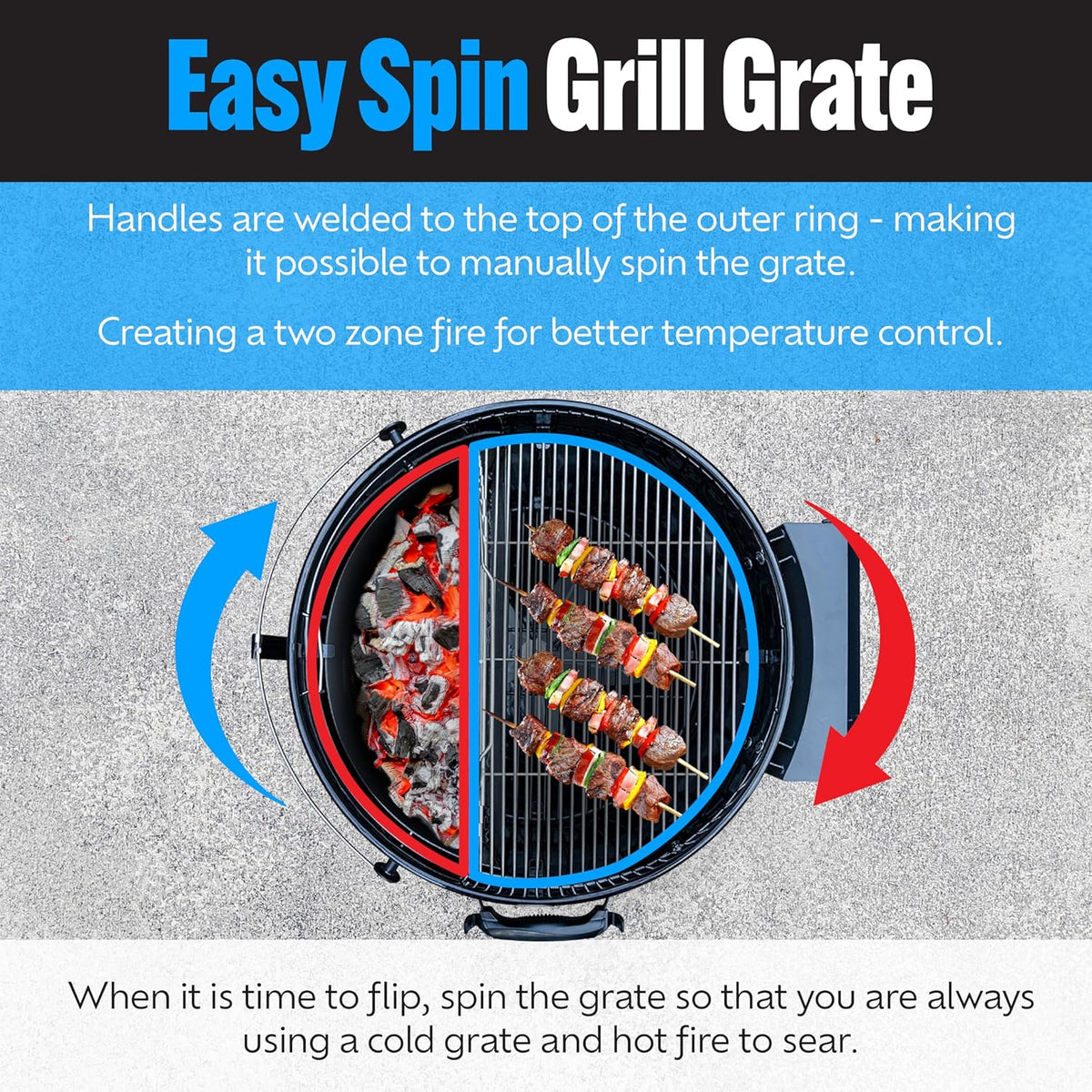 SnS Grills Slow ‘N Sear EasySpin Charcoal Grill Cooking Grate - Compatible with Weber and Other Grills, 2-Zone Stainless Steel Hinged Replacement - Tailgating & Backyard Cooking - 26” Inches